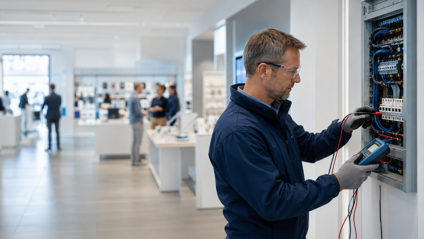 Electrician installing wiring beneath a ceiling