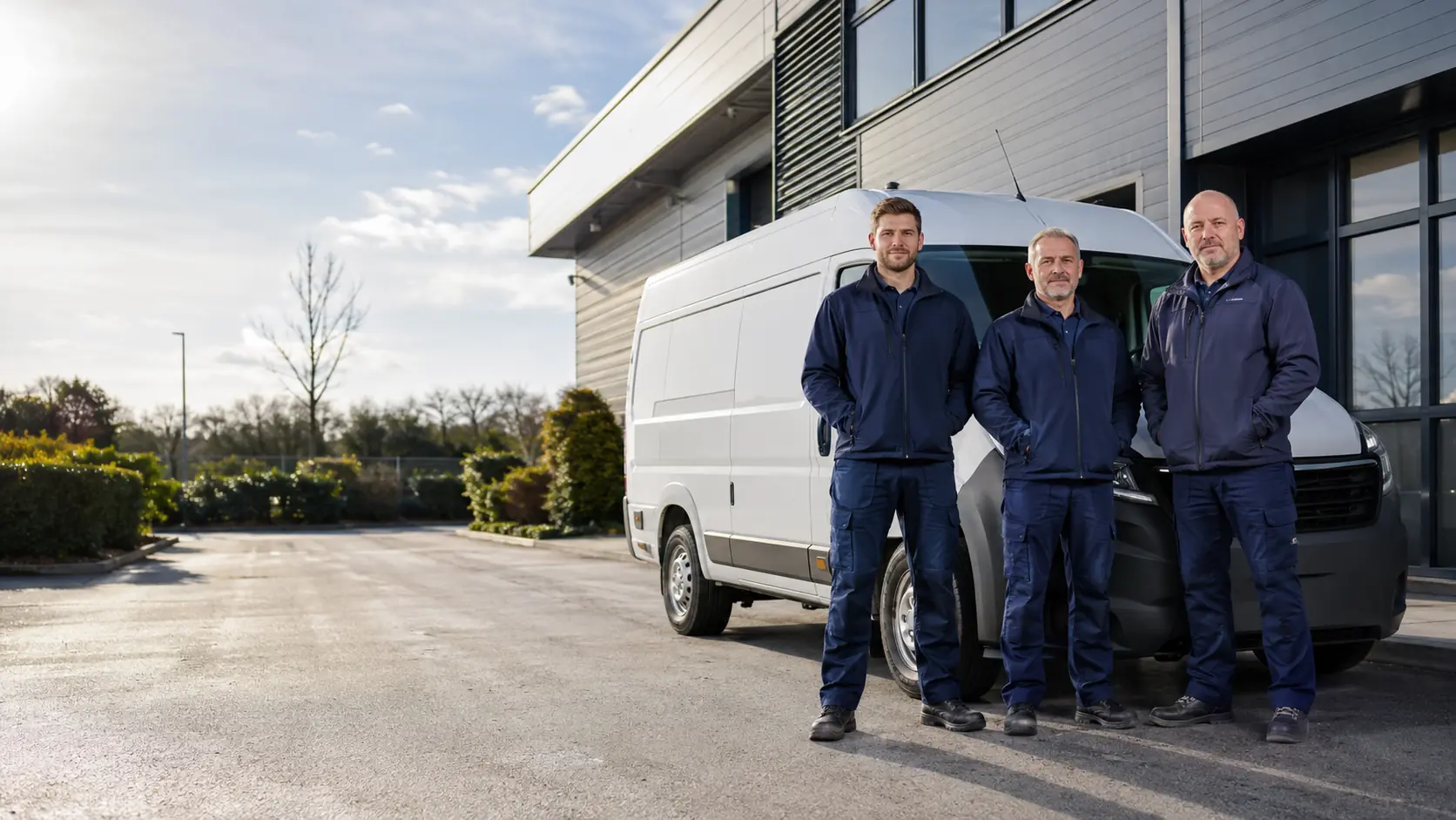 Three engineers in navy workwear standing beside a white van